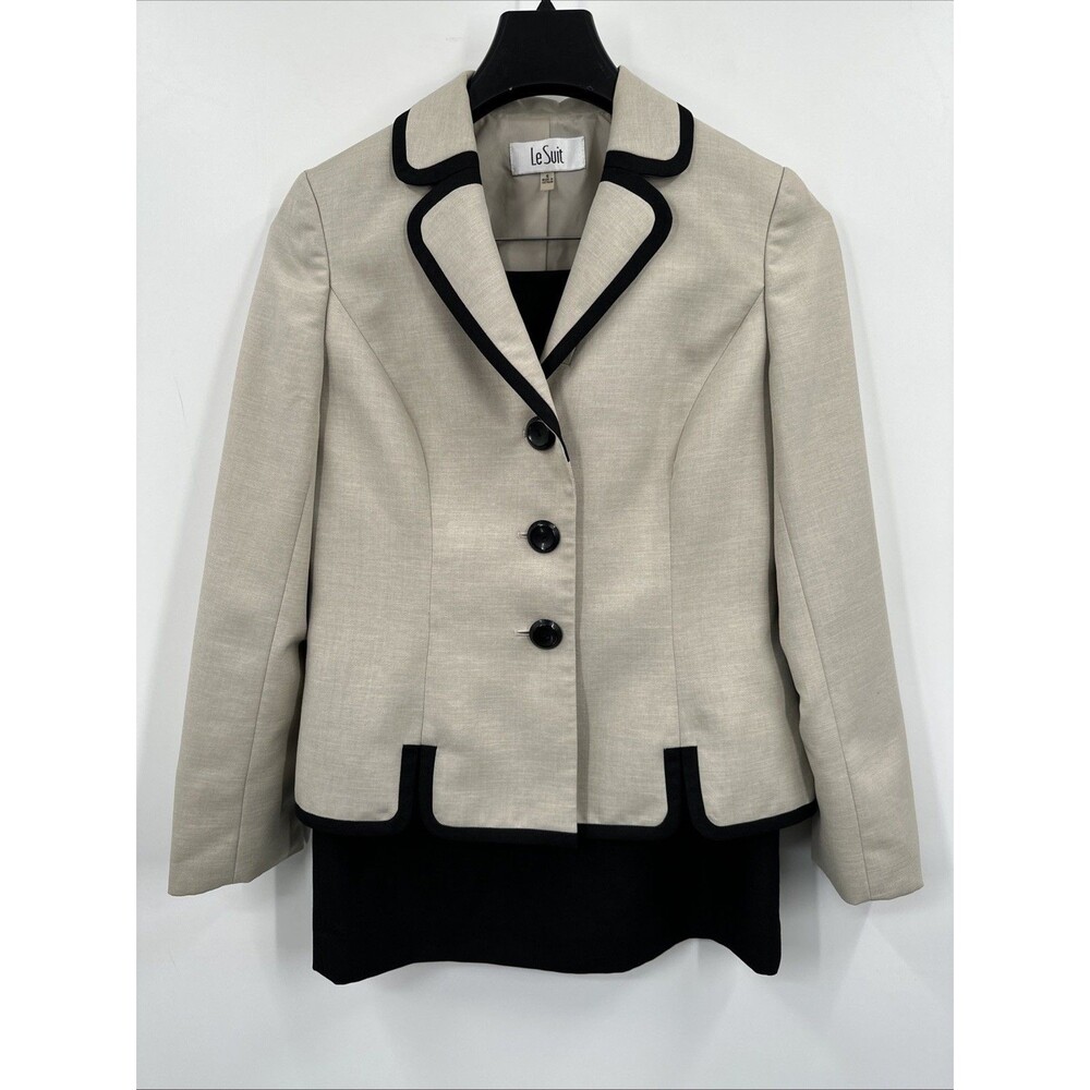 Le Suit 2PC Skirt Suit 6 Women Tan Black Long Sleeve Pencil Classic Career Work